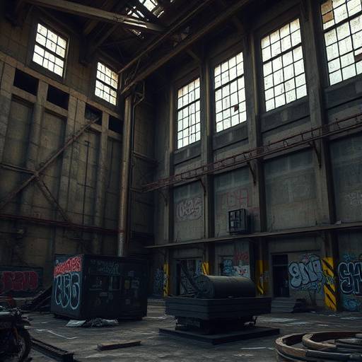 Abandoned factory with graffiti-covered walls and broken windows.