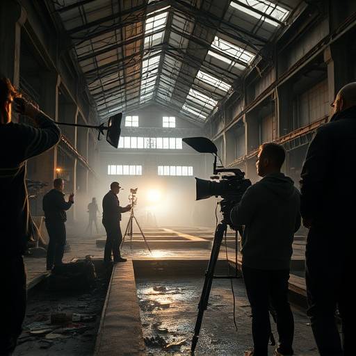 Article summary image: A film crew filming a scene inside an abandoned factory