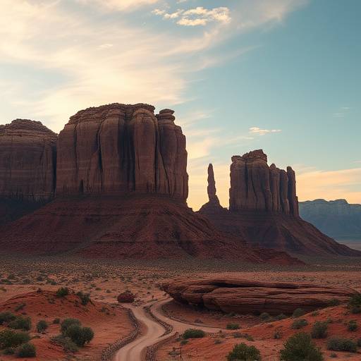 Desert landscape with dramatic rock formations and open sky.