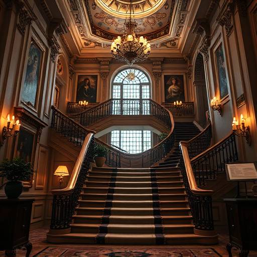 Luxurious mansion with a grand staircase and ornate details.