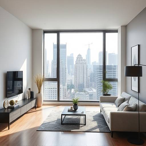 Modern apartment with a minimalist design and city view.